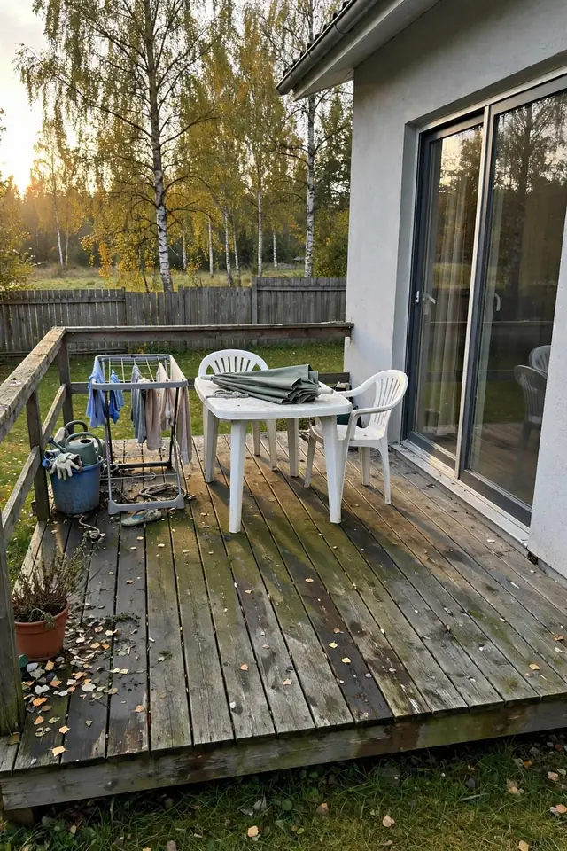Algne foto terrassist: vana puitlaudis ja lihtne aiamööbel